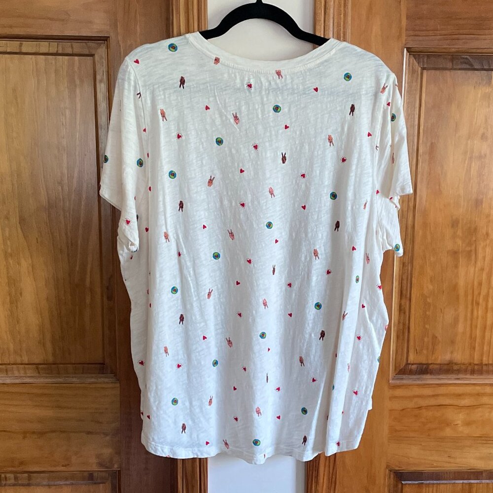 Old Navy Cotton White Tee with Small Earths and Multi-toned Peace Sign Hands 2X - Picture 2 of 4